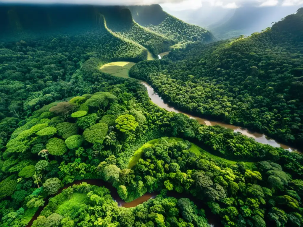 Vista aérea de exuberante selva tropical, con dosel verde