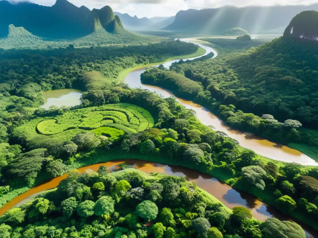 Vista aérea de exuberante selva con río serpenteante
