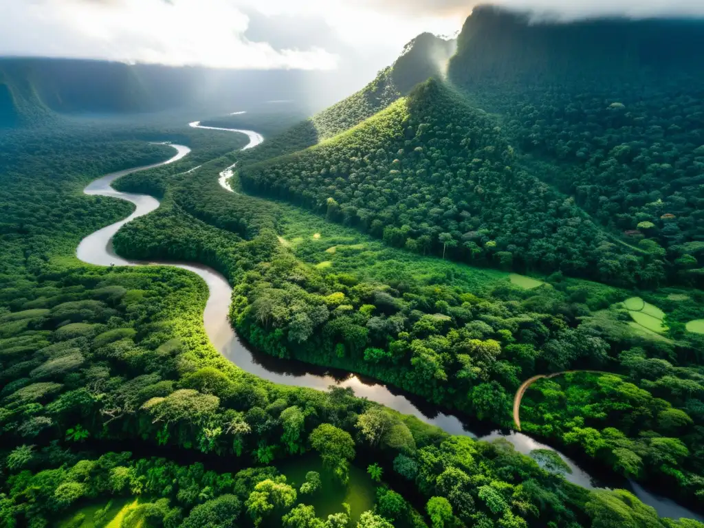 Vista aérea de exuberante selva con río, aldeas indígenas y vida salvaje