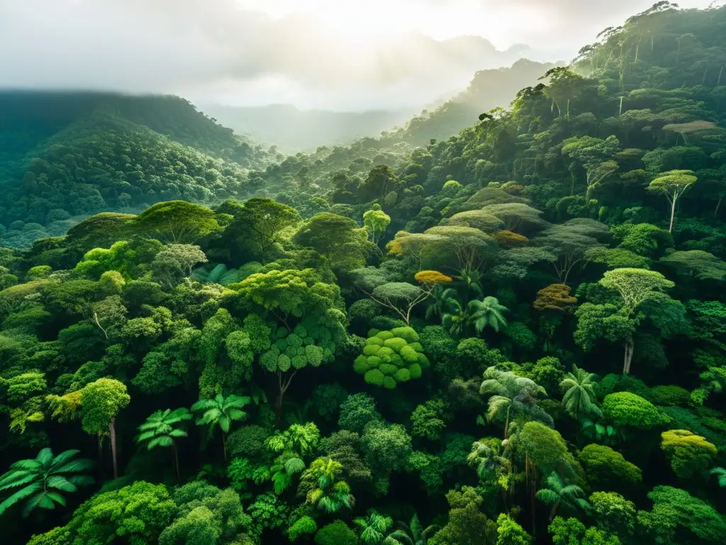 Vista aérea de exuberante selva lluviosa con biodiversidad y compleja red de árboles
