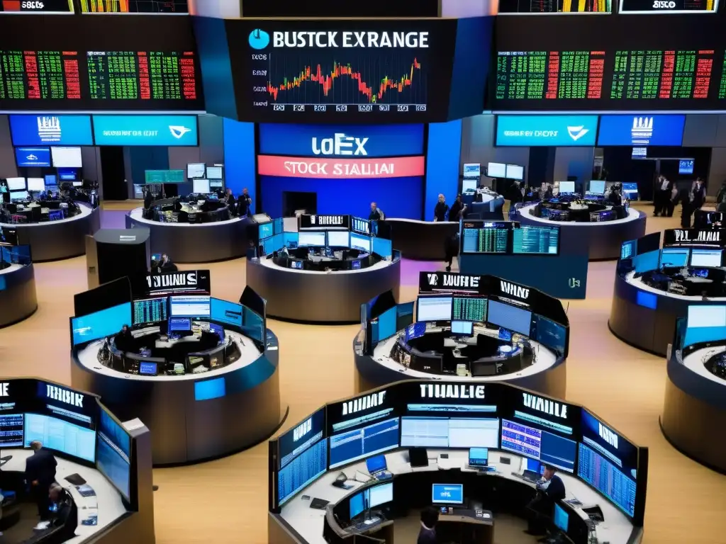 Vista aérea de la frenética bolsa de valores, con traders en caos rodeados de pantallas digitales mostrando fluctuaciones de precios