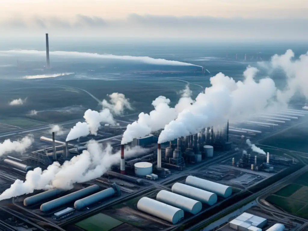 Vista aérea impactante de área industrial con humo contaminante, evidenciando el impacto de la falta de ética en empresas
