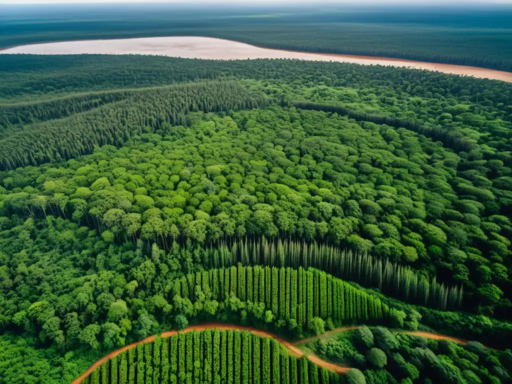 Vista aérea impactante de bosque verde y área deforestada, muestra la compleja relación entre territorio, poder y medio ambiente