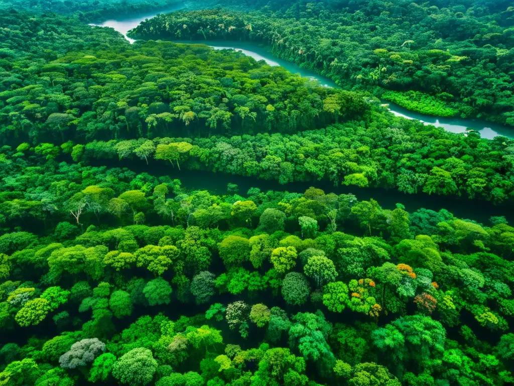 Vista aérea impactante de un exuberante y vibrante bosque lluvioso, destacando la importancia del biocentrismo en ética