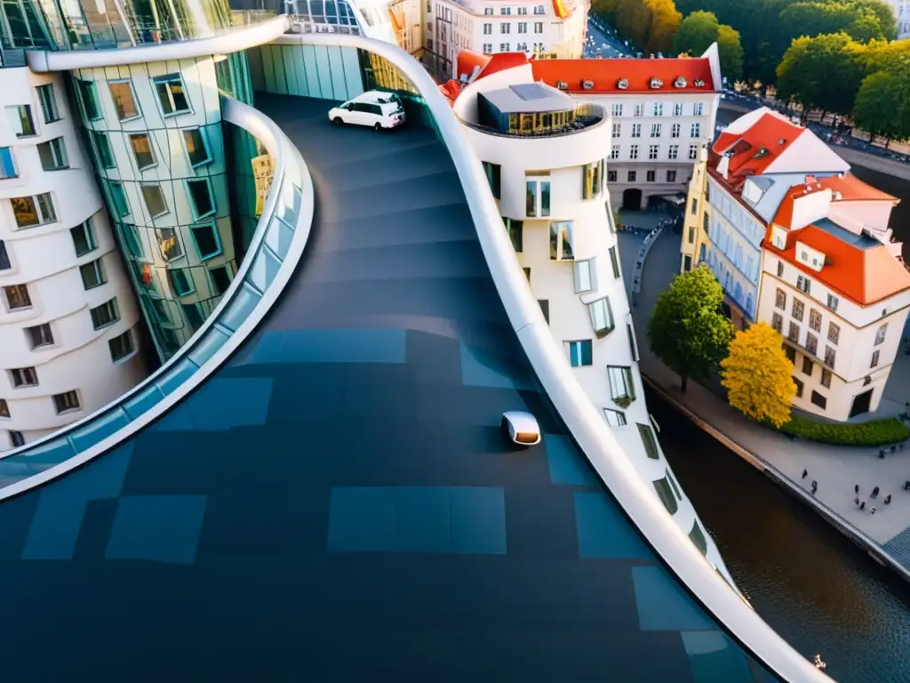 Vista aérea impactante del icónico edificio postmoderno, la Casa Danzante en Praga, destacando su diseño único y su contraste con la ciudad histórica