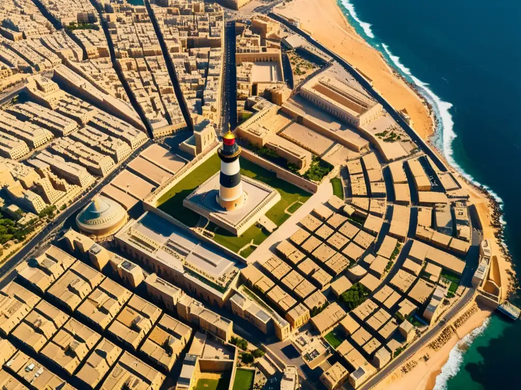 Vista aérea impresionante de la antigua ciudad de Alejandría, Egipto, con su faro icónico y paisaje urbano