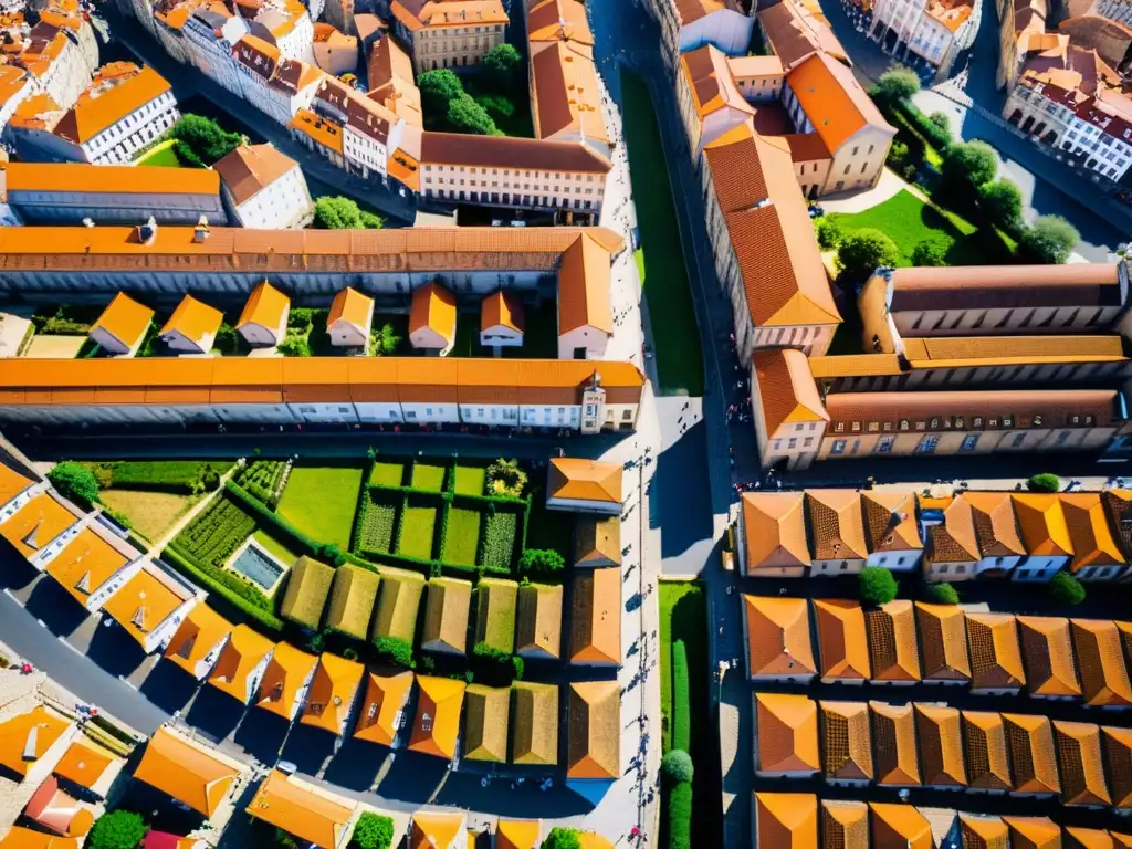 Vista aérea impresionante de Santiago de Compostela, con calles empedradas y peregrinos en su filosofía de vida