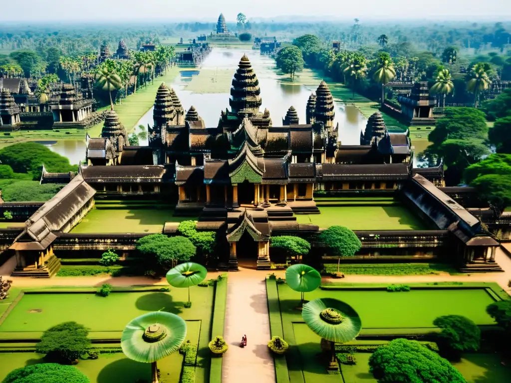 Vista aérea impresionante del complejo de templos de Angkor Wat en Camboya, con su arquitectura de templos hindúes cosmicidad y exuberante vegetación