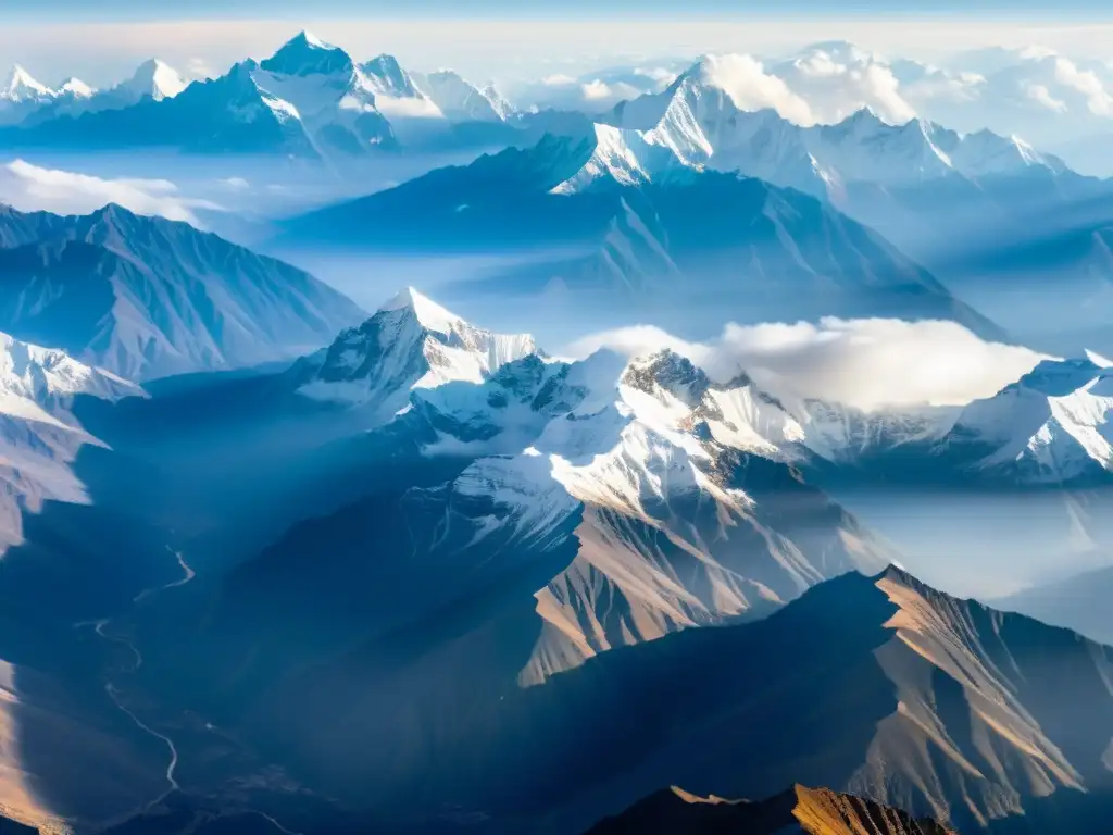 Vista aérea impresionante de la cordillera del Himalaya, con picos nevados que perforan las nubes