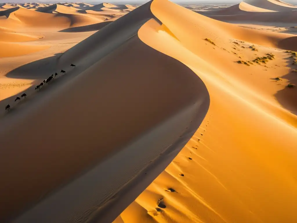 Una vista aérea impresionante del Desierto Árabe con sus doradas arenas que se extienden hasta el horizonte