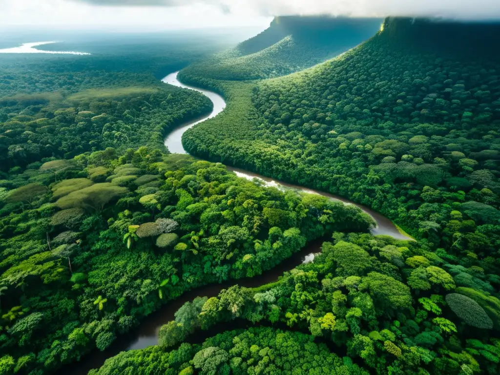 Vista aérea impresionante de un exuberante y próspero bosque lluvioso, mostrando la biodiversidad y la importancia actual de la ética de la Tierra