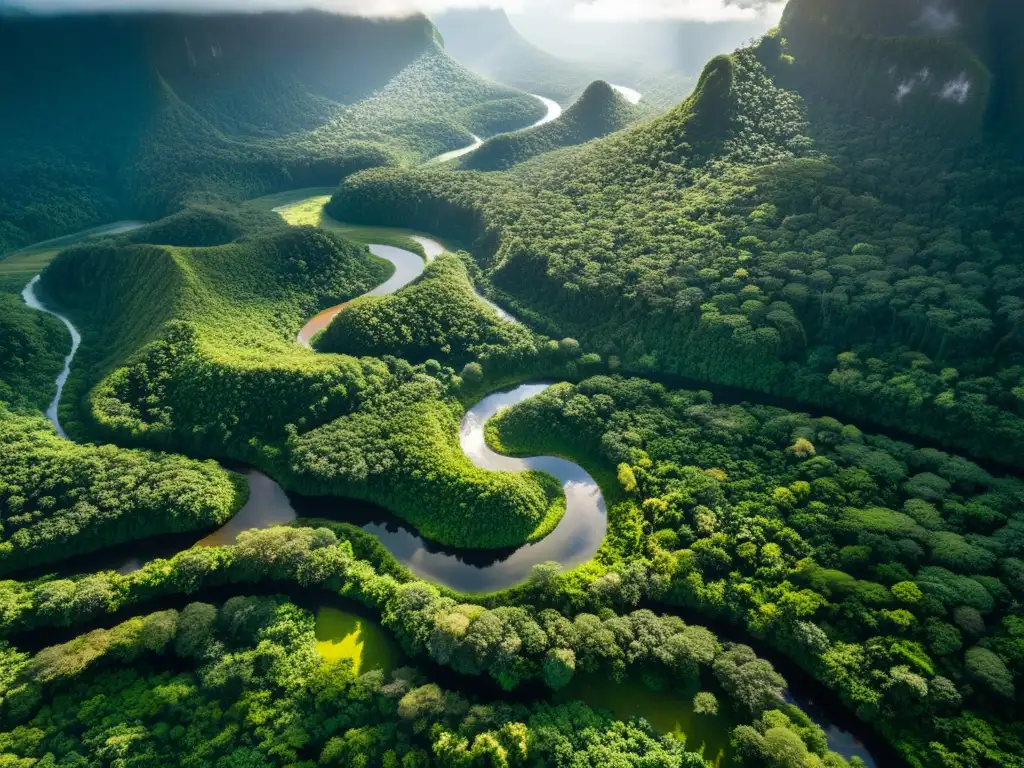 Vista aérea impresionante de un exuberante y virgen bosque lluvioso con juegos de luz y sombra