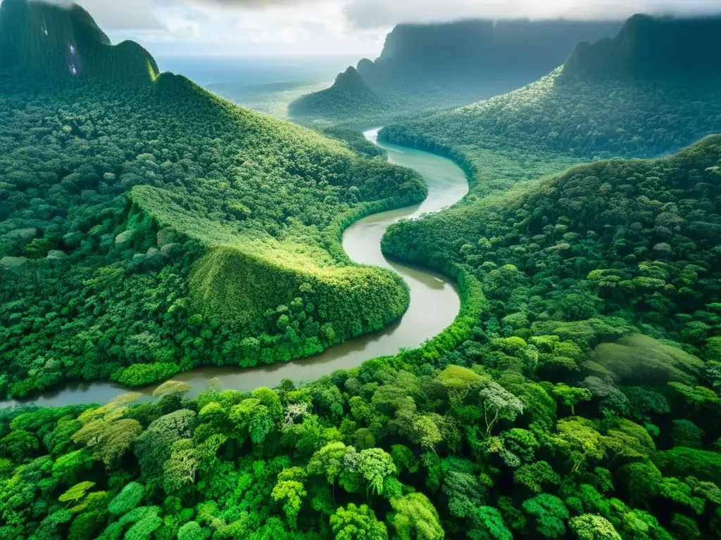 Vista aérea impresionante de un exuberante bosque tropical en Oceanía, reflejando la conexión espiritual con la naturaleza de la filosofía de Oceanía