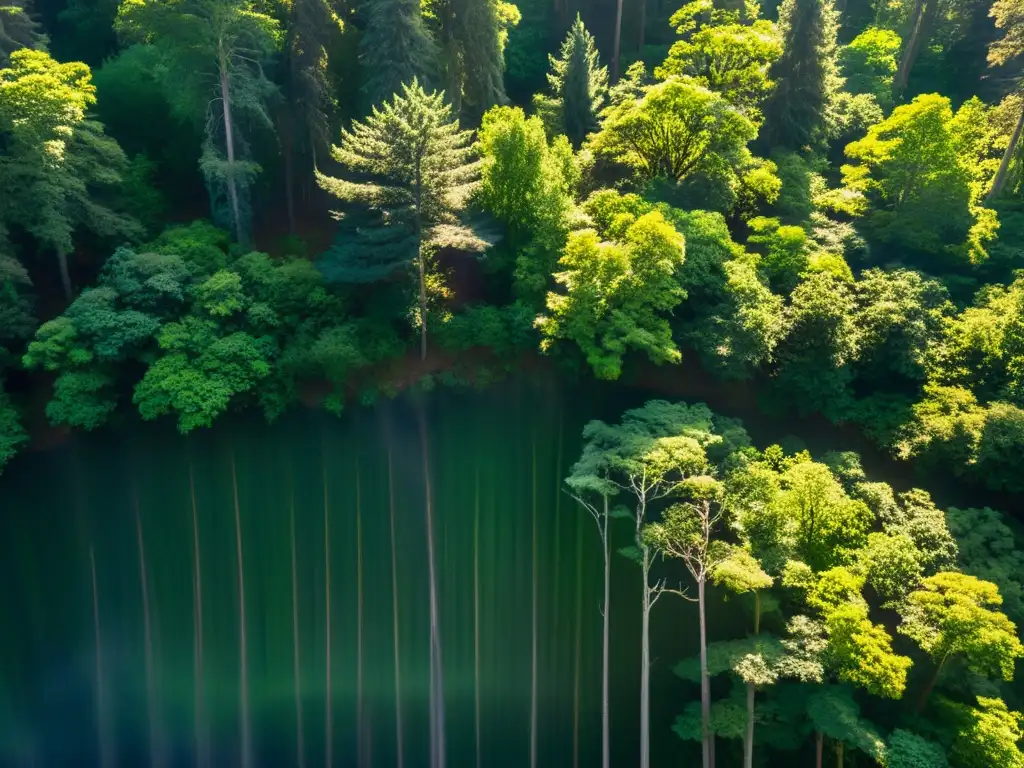 Vista aérea impresionante de un exuberante bosque con luz solar filtrándose entre el dosel, creando hermosos patrones de luz y sombra