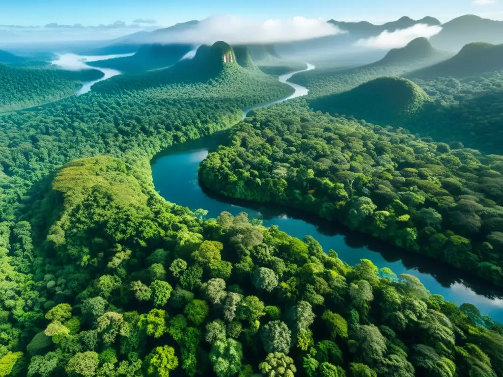 Vista aérea impresionante de un exuberante y vasto bosque tropical bajo un cielo azul claro