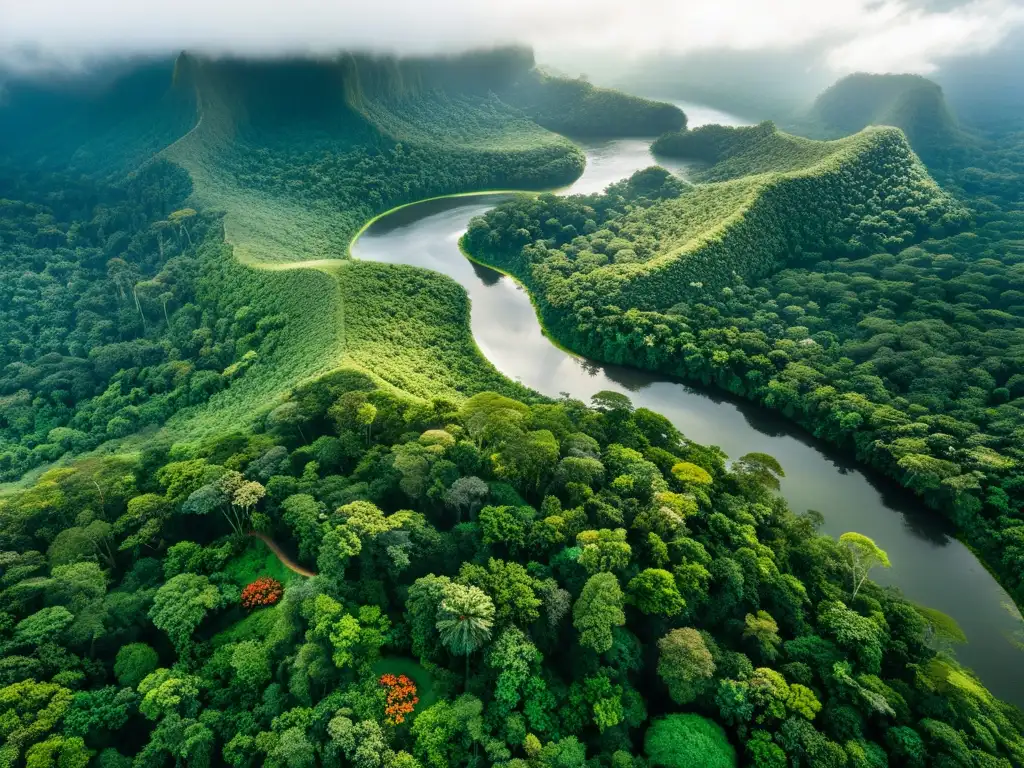 Vista aérea impresionante de un exuberante y virgen bosque tropical, con una diversidad de árboles, plantas y vida silvestre