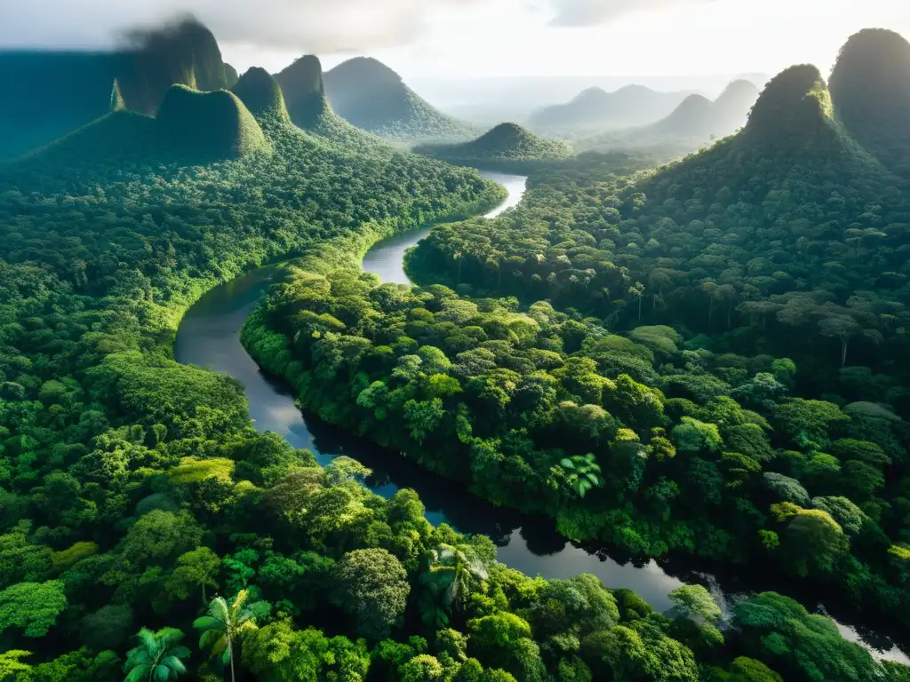Vista aérea impresionante de un exuberante bosque lluvioso con biodiversidad global y ecología profunda, tejiendo un paisaje vibrante de flora y fauna