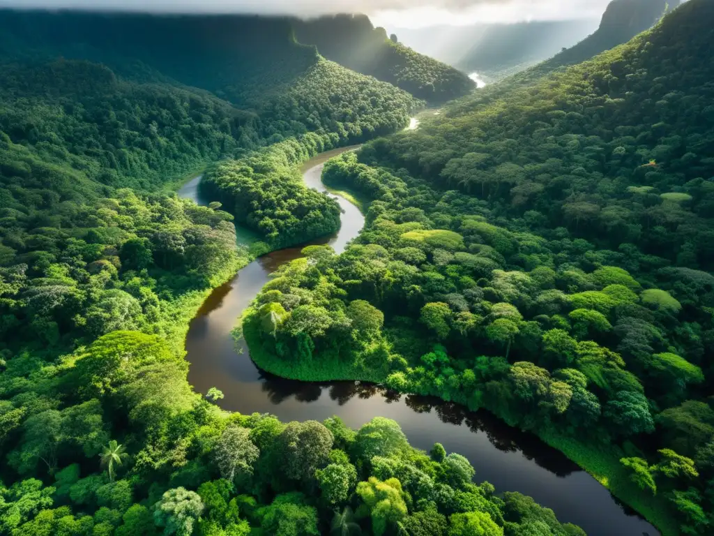 Vista aérea impresionante de un exuberante bosque tropical, con diversa vegetación y ríos serpenteantes