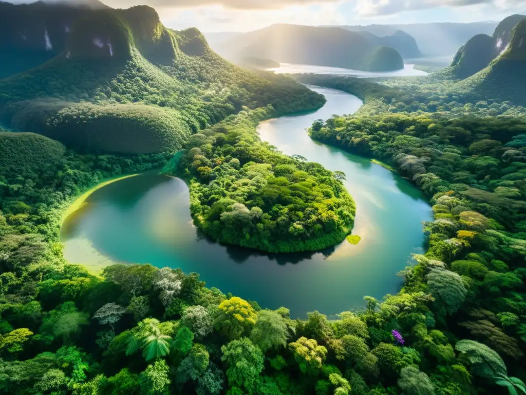 Vista aérea impresionante de un exuberante y biodiverso bosque lluvioso, con el sol filtrándose a través del dosel e iluminando un río serpenteante