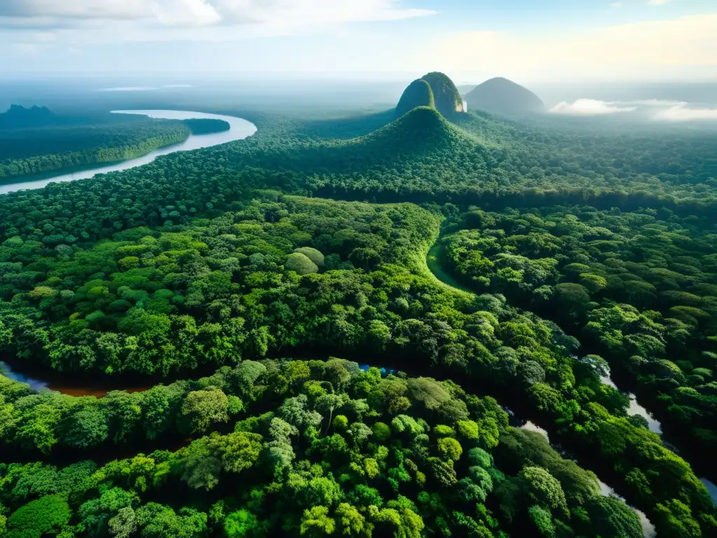 Vista aérea impresionante de un exuberante bosque lluvioso, con densa vegetación verde que se extiende hasta donde alcanza la vista