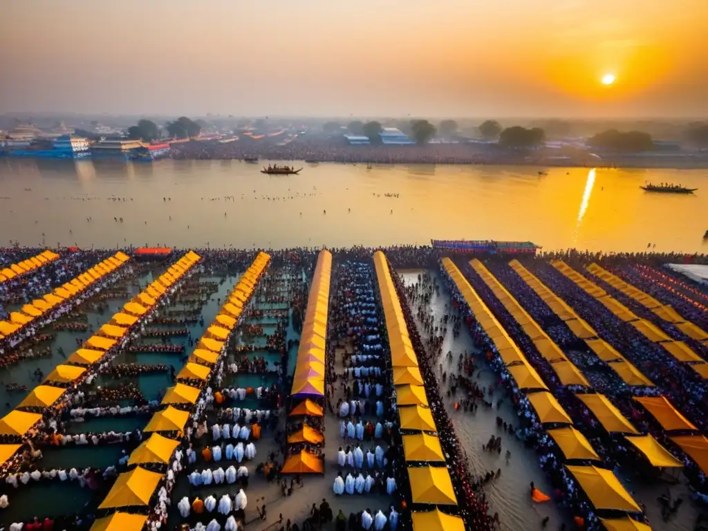Vista aérea impresionante del festival Kumbh Mela con millones de peregrinos hindúes en las orillas del río Ganges, bañándose y realizando rituales