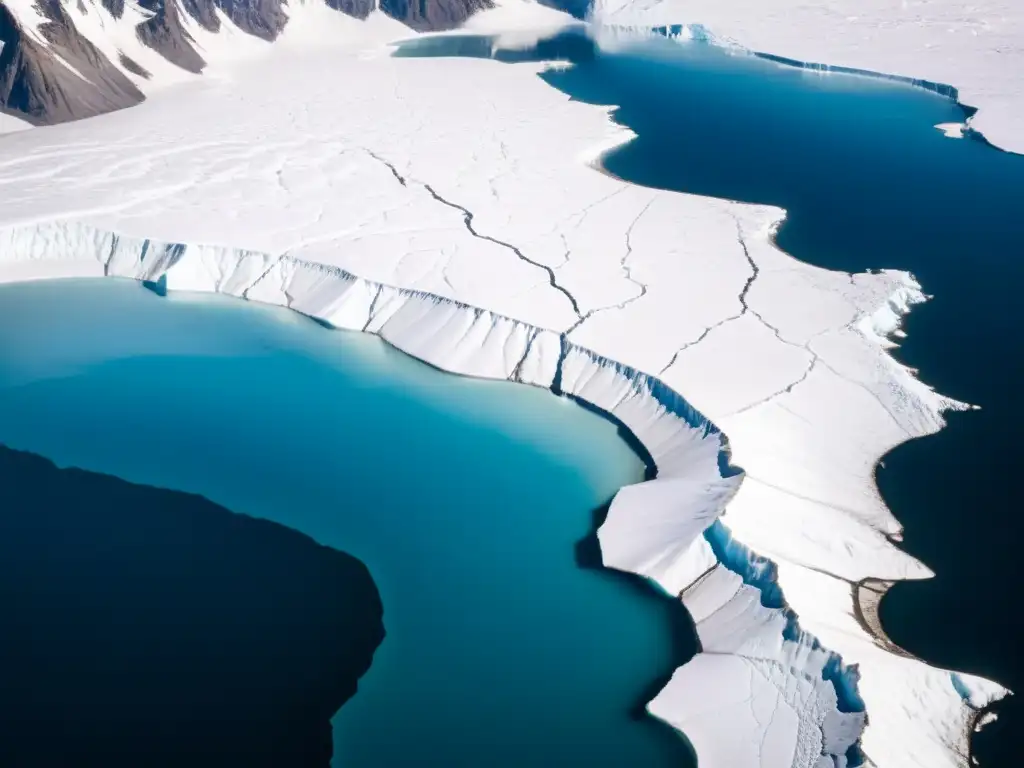 Vista aérea impresionante de un glaciar en proceso de fusión, rodeado de montañas nevadas y un lago congelado