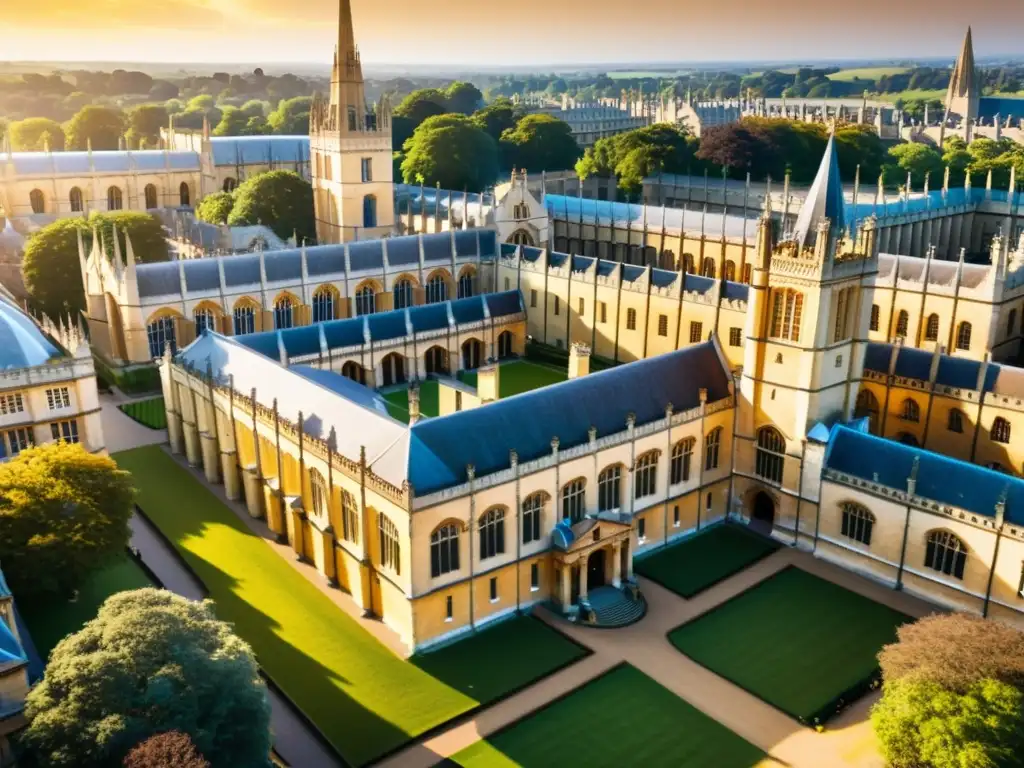 Vista aérea impresionante de la Universidad de Oxford, con sus icónicas torres y patios bañados en luz dorada