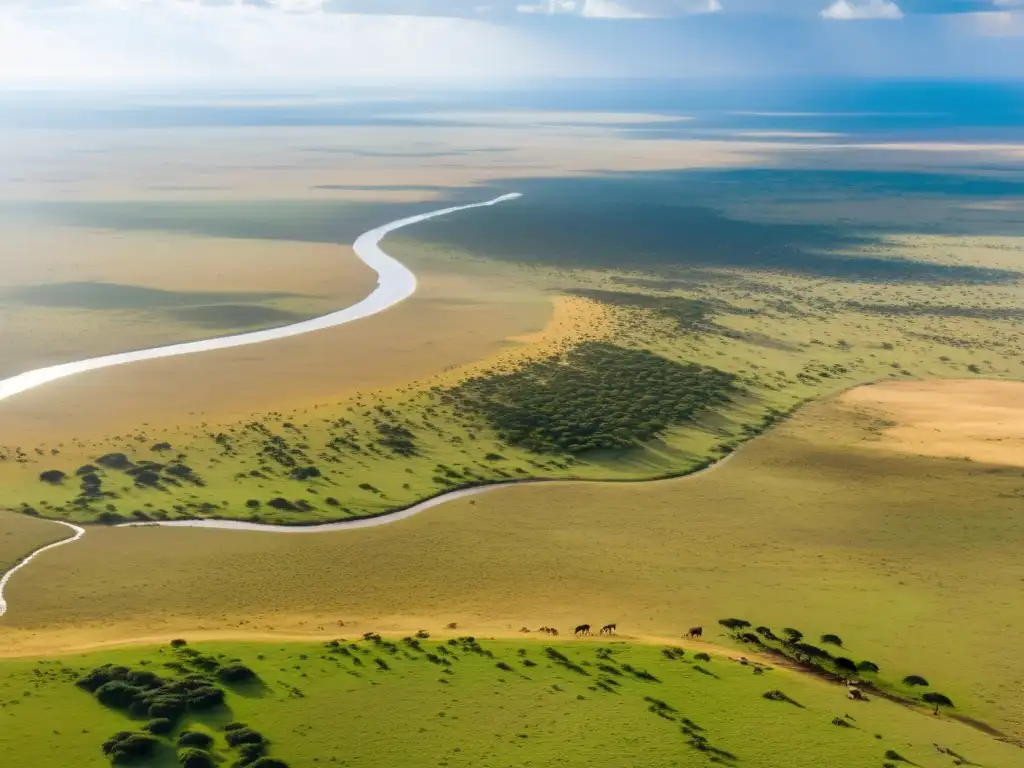 Vista aérea impresionante del Parque Nacional del Serengeti en Tanzania, mostrando la vasta sabana llena de vida silvestre