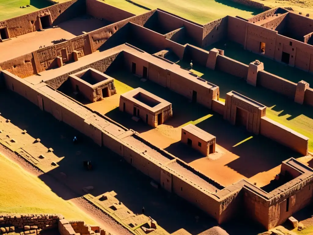 Ruinas ancestrales de Tiwanaku: descubrimientos arqueológicos Vista aérea impresionante de las ruinas de Tiwanaku, con arqueólogos estudiando un artefacto, destacando la arqueología y filosofía de esta enigmática cultura