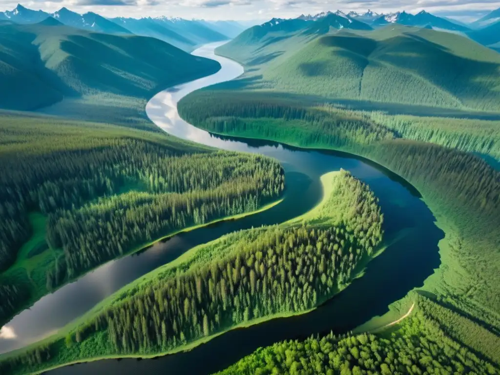 Vista aérea impresionante de la vasta taiga siberiana con ríos serpenteantes y lagos relucientes