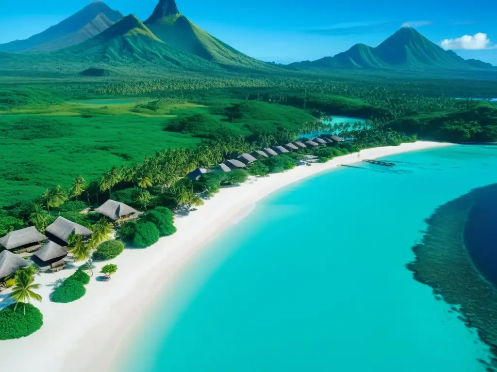 Vista aérea de isla del Pacífico con aguas turquesa, chozas tradicionales, palmeras y montaña volcánica