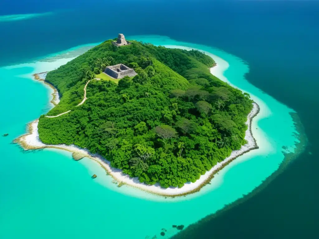 Vista aérea de isla caribeña con ruinas precolombinas y aguas turquesas, evocando la filosofía política caribe precolombina