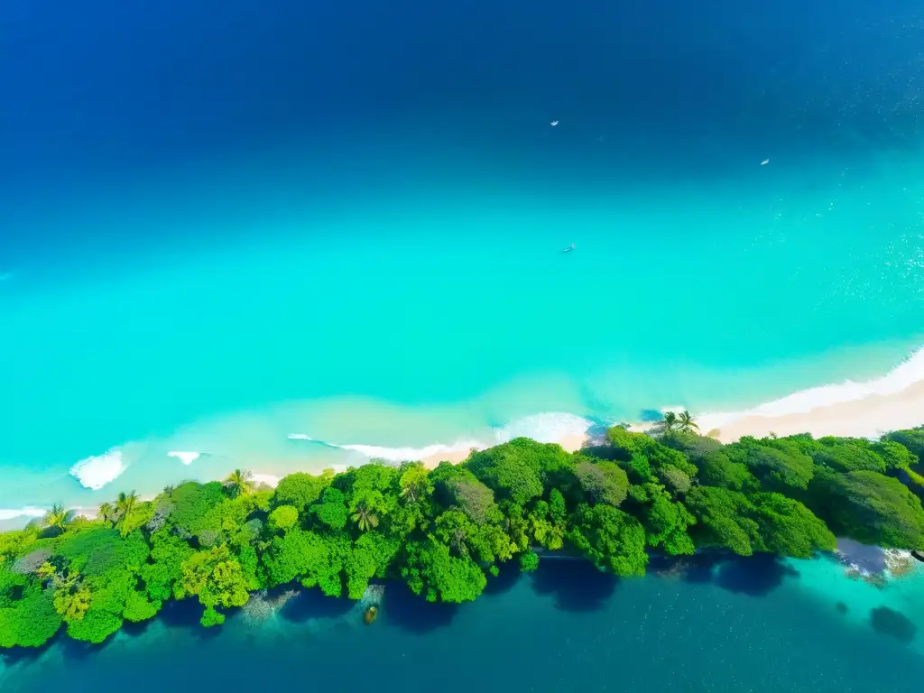 Vista aérea del mar Caribe y la exuberante costa, reflejando la filosofía caribeña y tradiciones ancestrales en su unión serena