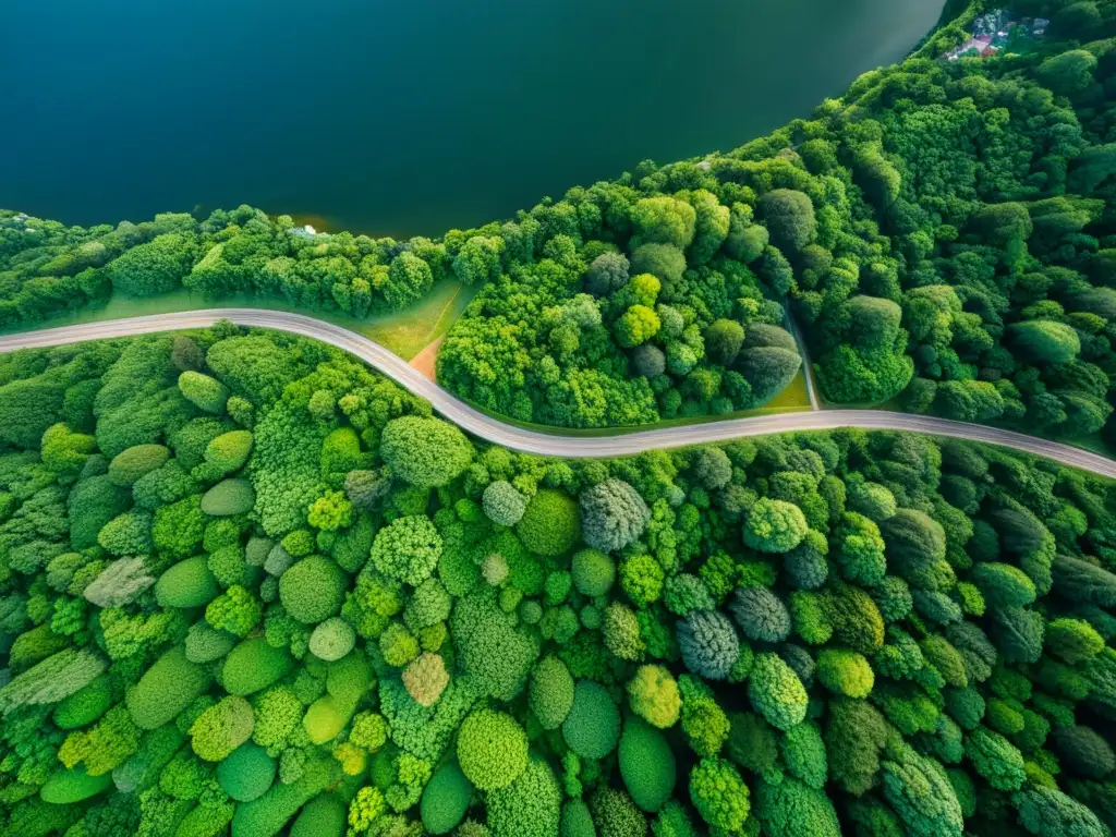 Vista aérea de metrópoli rodeada de exuberante vegetación, mostrando la alianza entre ecología y tecnología filosofía ambiental