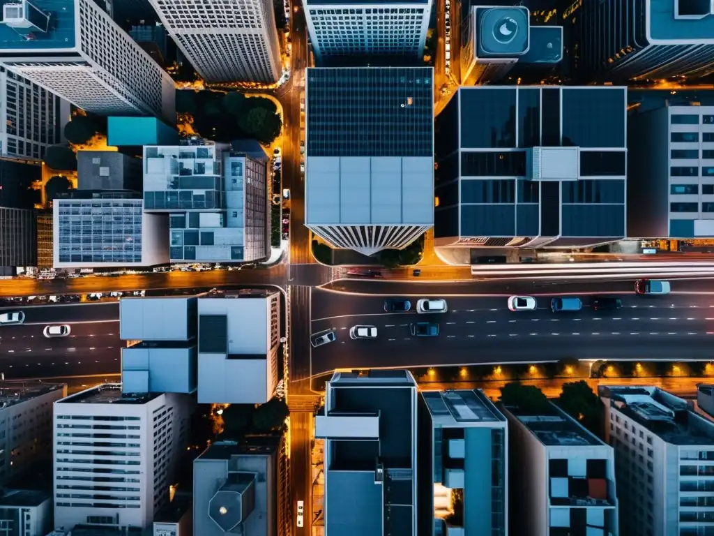 Vista aérea nocturna de una ciudad luminosa con rascacielos y calles llenas de autos