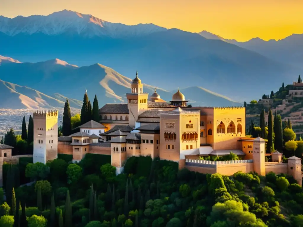 Vista aérea de la icónica Alhambra en Granada, España, con los patrones geométricos islámicos y la Sierra Nevada al fondo