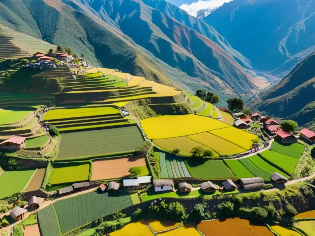 Vista aérea de un pueblo andino tradicional en las montañas, con campos escalonados y actividad agrícola comunal, representando la reciprocidad sagrada en relaciones andinas