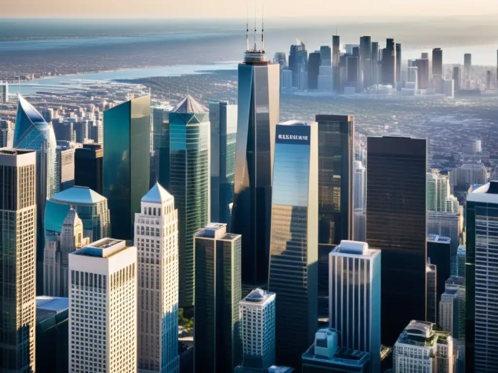 Vista aérea de rascacielos en una ciudad bulliciosa, ilustrando la ética en el mercado competitivo con luces y sombras