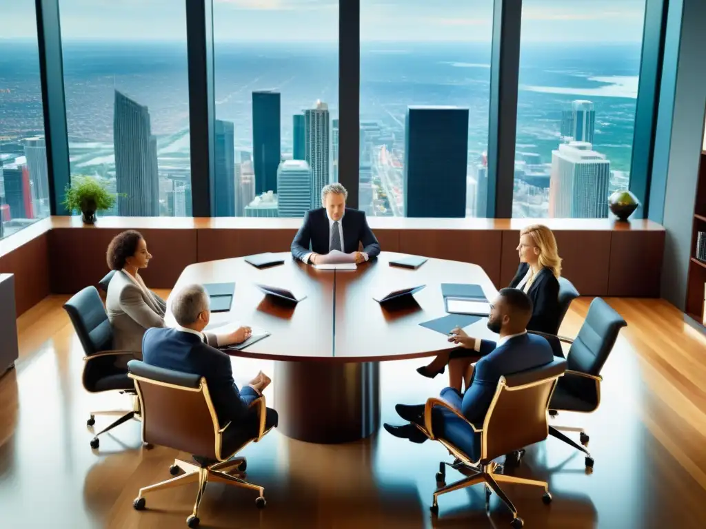 Vista aérea de una reunión tensa en el mundo corporativo, con ejecutivos debatiendo y estudiando documentos