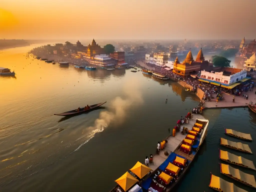 Vista aérea del sagrado río Ganges en Varanasi, India, donde se exploran escuelas filosóficas del hinduismo al amanecer