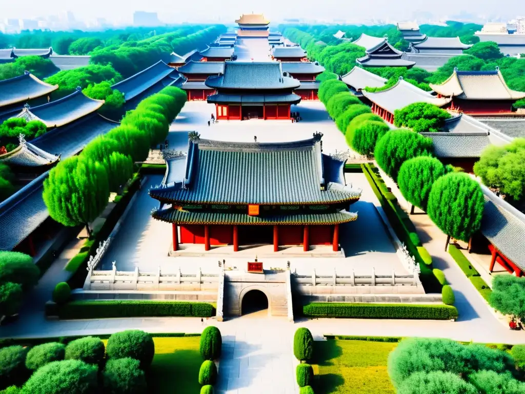 Vista aérea del tranquilo Qufu, China, con el complejo del Templo de Confucio y exuberante vegetación