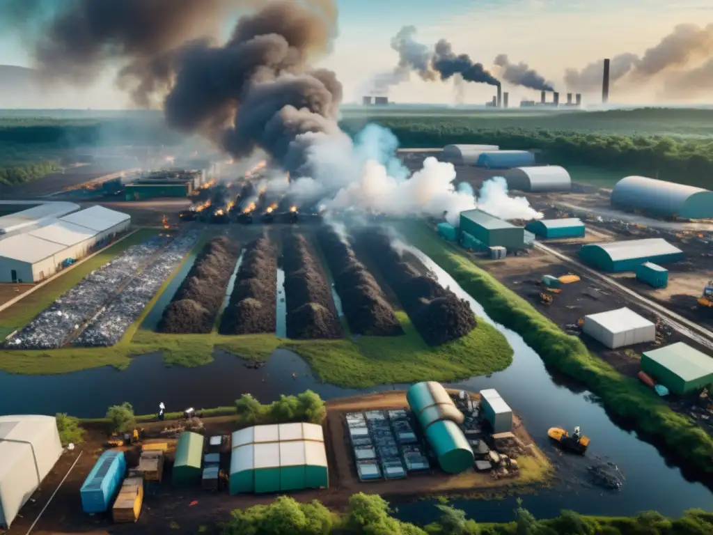 Vista aérea de zona industrial con humo, deforestación y trabajadores clasificando desechos electrónicos, destacando retos de ética en crecimiento empresarial sostenible