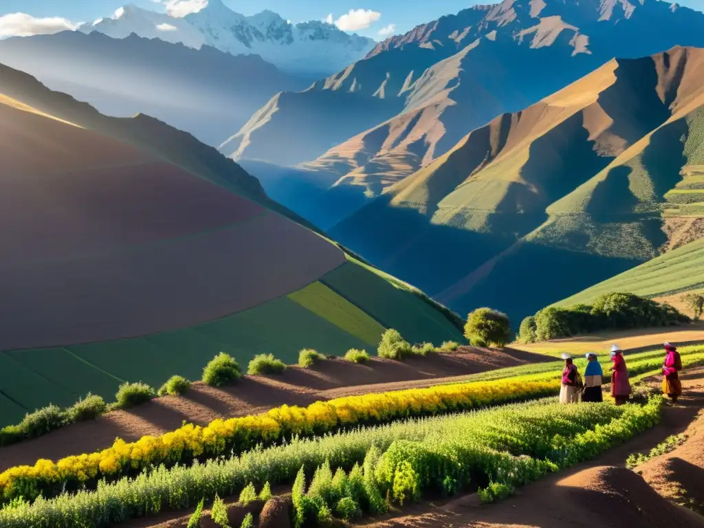 Vista de la cosmovisión andina con campos de quinua y papas, reflejando el significado de estos alimentos en la cultura andina