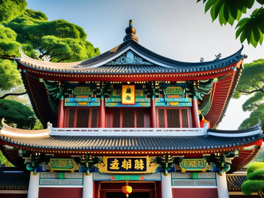 Vista baja de un templo confuciano rodeado de exuberante vegetación, evocando la Virtud del Ren en Confucianismo