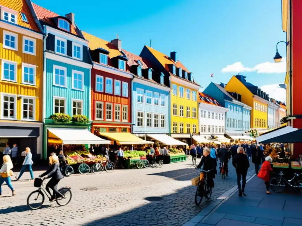 Vista bulliciosa de una calle en Escandinavia, con gente caminando y en bicicleta frente a edificios coloridos y mercados al aire libre