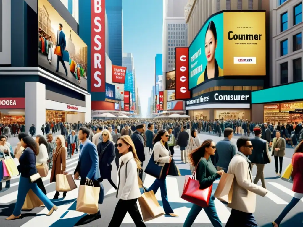 Vista de una bulliciosa calle urbana llena de consumidores con bolsas de compras, rodeada de anuncios y letreros publicitarios