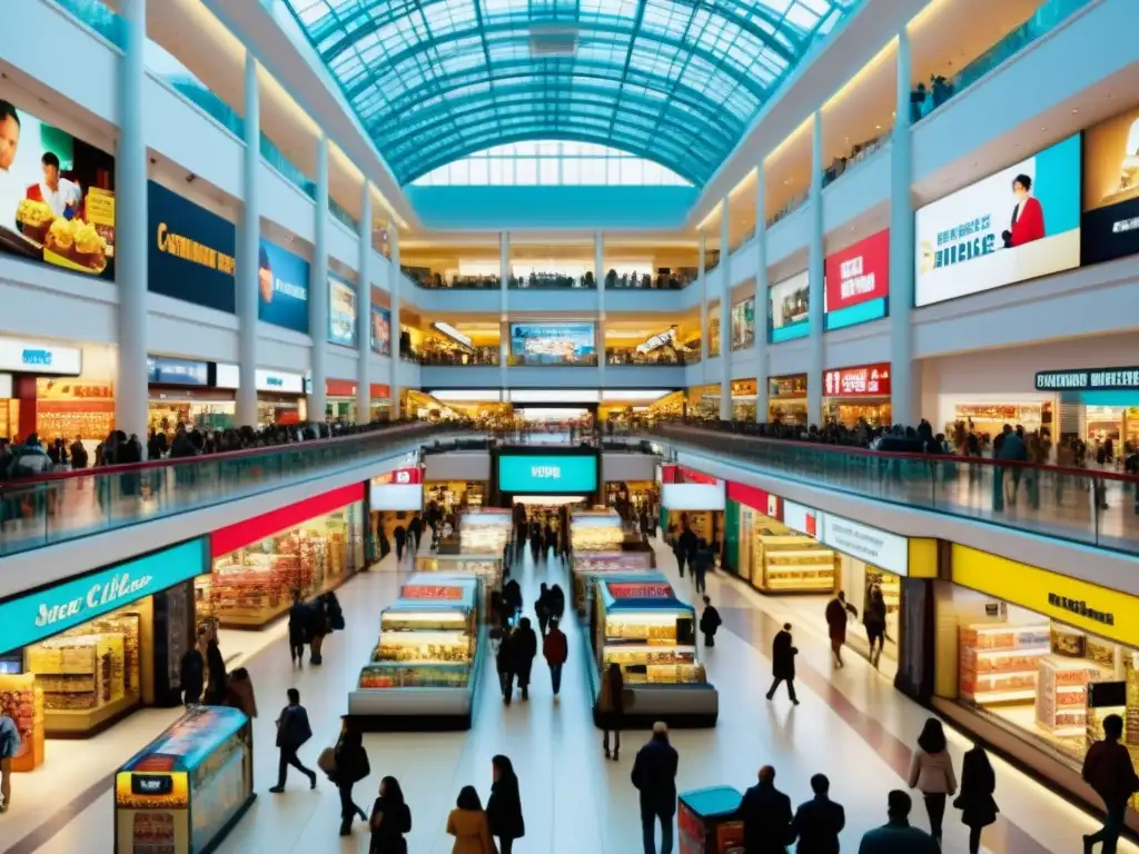 Una vista de un bullicioso centro comercial con personas explorando tiendas y rodeadas de anuncios y productos de consumo
