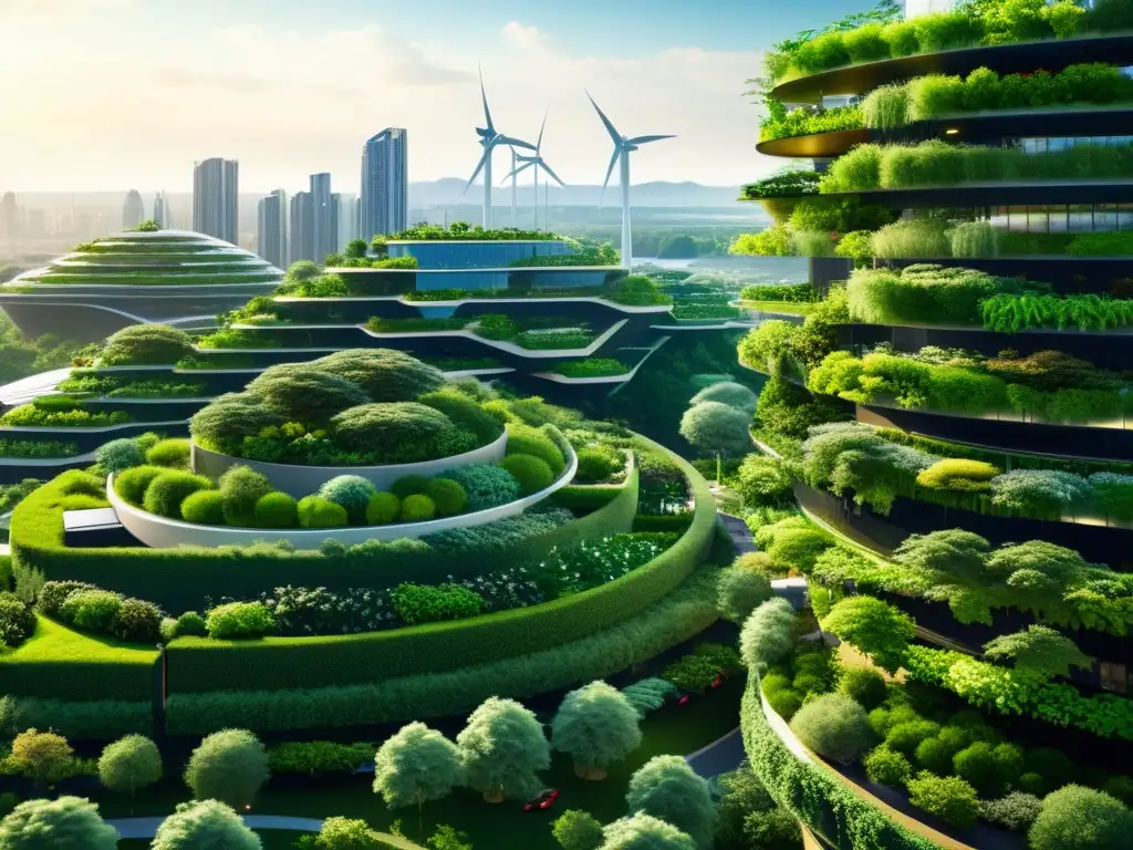 Vista de una ciudad futurista y sostenible con tecnologías verdes avanzadas integradas en el entorno urbano