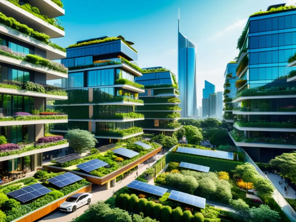 Vista de la ciudad con rascacielos y parques, donde se fusiona tecnología y ecología en una armoniosa alianza