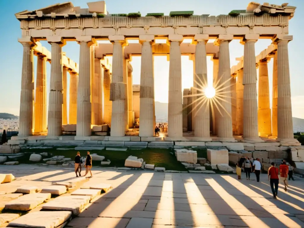 Vista detallada de la Acrópolis de Atenas con juegos filosóficos Antigua Atenas, visitantes y cálida luz solar
